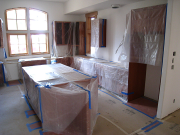 Kitchen cabinets protected with plastic