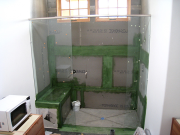 Glass panels at guest bathroom