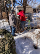 Survey crew setting north rear property corner pin